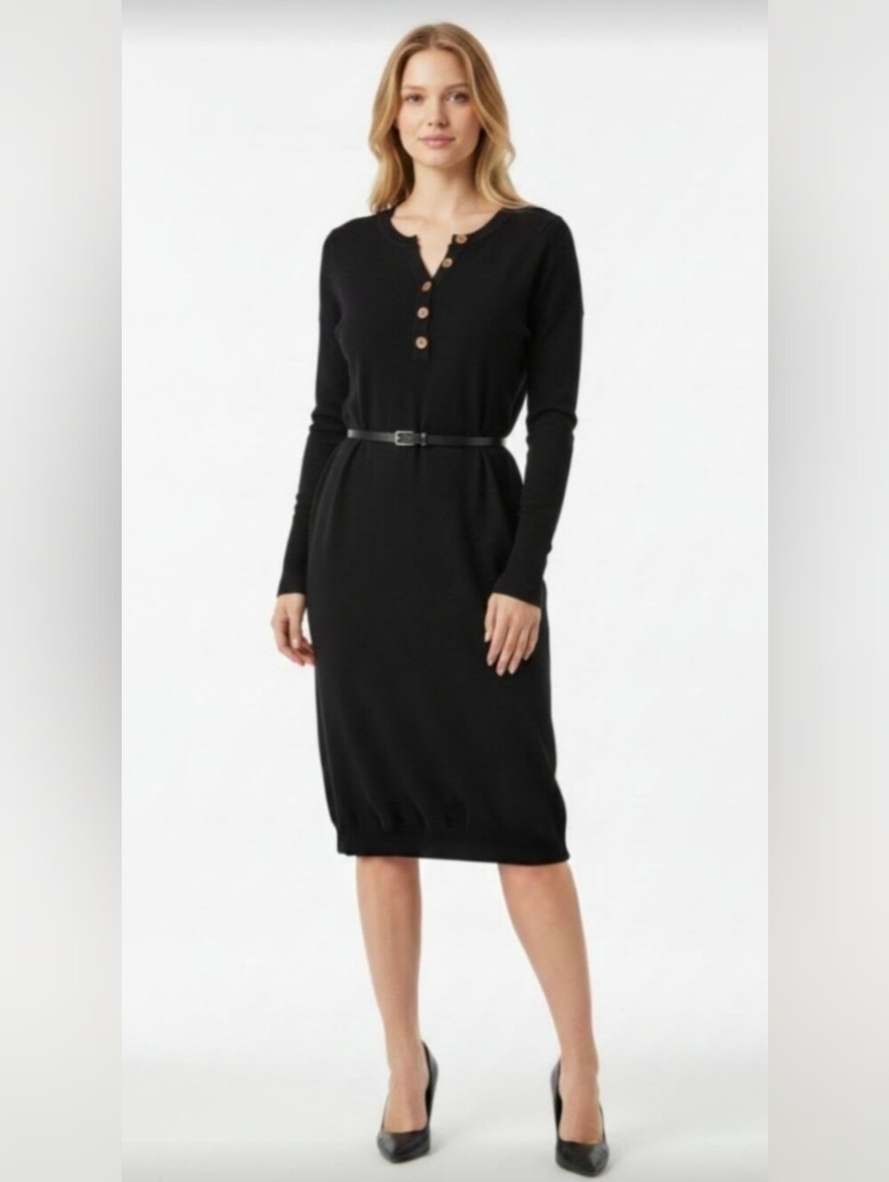 NWT! PRETTY GARDEN! BLACK KNIT COTTON BLEND SHEATH STYLE LONG SLEEVE DRESS! SZ M
